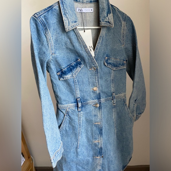 ZARA Denim Midi Shirt Dress Short lapel collar V-neck long sleeves Size XS NWT - Picture 11 of 16